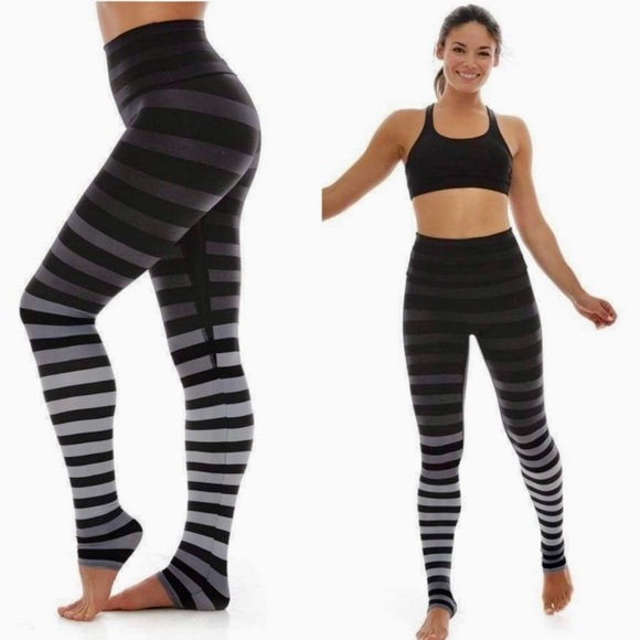 K-DEER Pants - K-Deer Full Length Leggings in Jody Stripe High Waisted Rise Black Gray Ombré M